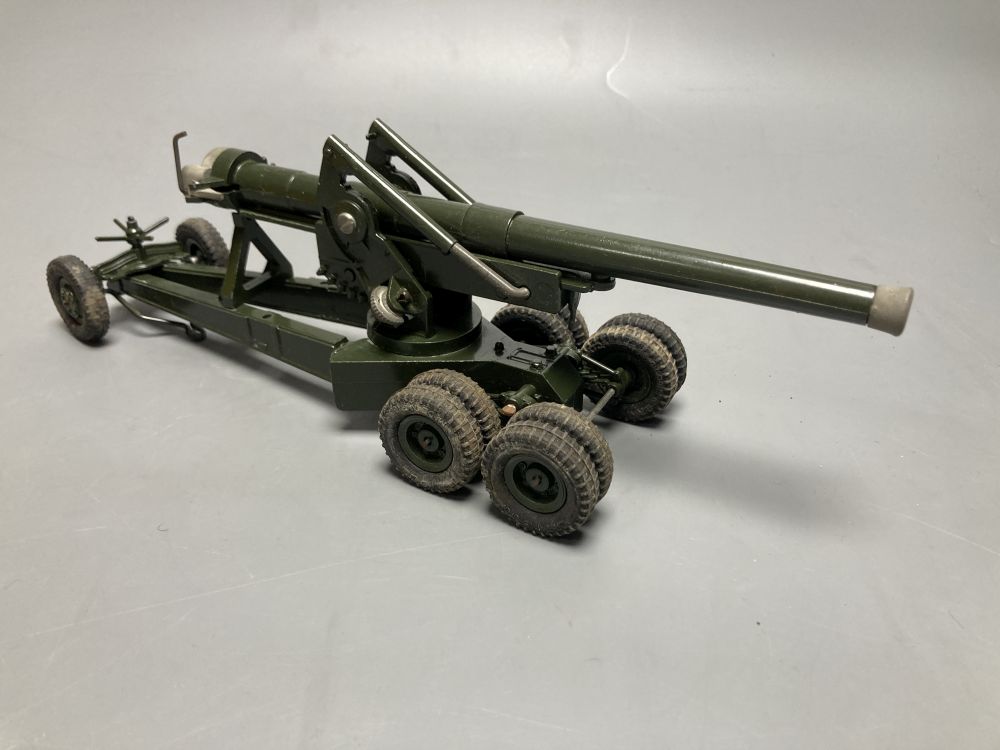 A Britains 155mm gun, with shell case, loader and six shells supplied, boxed, 30cm long